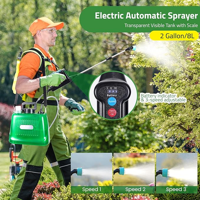 DOUBFIVSY Electric Garden Sprayer, 2 Gallon Battery Powered, 3 Adjustable Speeds, 4 Nozzles, 32" Retractable Wand, Green, ABS Handle, HDPE Water Can, Lawn & Garden