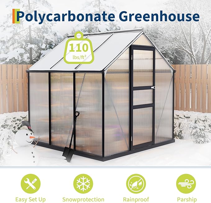6*6 FT Outdoor Walk-in Greenhouse, Polycarbonate Green House, Heavy Duty Greenhouse with Vented Roof Window, Windproof Aluminum Frame, Suitable for Outside Gardening, Backyard, Patio