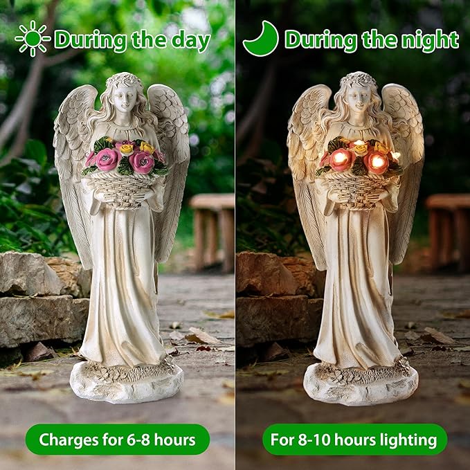Solar Angel Garden Statue Outdoor Holding Flowers, 11.2in Waterproof Garden Figurines for Patio, Balcony, Lawn, Yard or Outdoor Garden Decoration