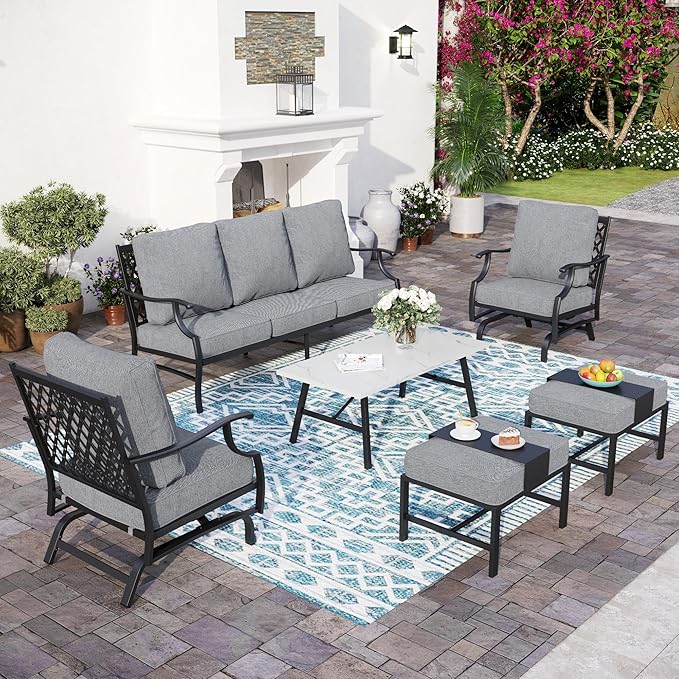 6 Piece Metal Outdoor Patio Furniture Set, Patio Conversation Set 1 3-seater Sofa, 2 Rocking Chair, 2 Ottomans with 5.75" Thick Cushion and Coffee Table, Black Backyard Furniture, Gray