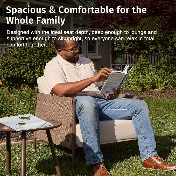 EAST OAK 3-Piece Patio Furniture Set | Armchairs & Coffee Table | Outdoor Furniture with Cushions | Deep Seating Modern Conversation Set | Garden, Porch, Balcony & Backyard | Chestnut & Apricot