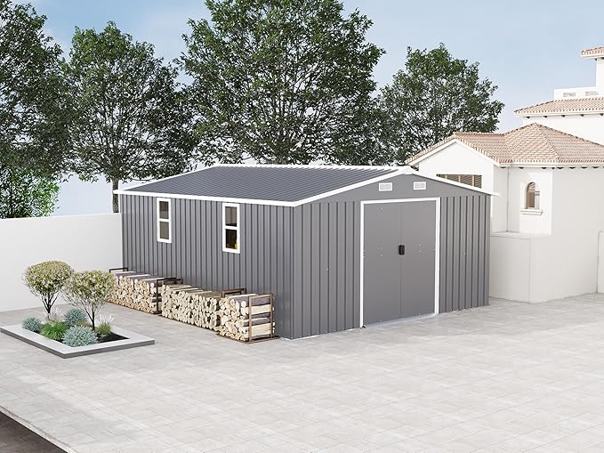 10x12 FT Outdoor Storage Shed, Large Metal Garden Shed with 2 Windows, Outside Tool Sheds with Lockable Sliding Doors, Waterproof Storage Building with 4 Air Vents for Backyard, Patio, Lawn, Dark Gray