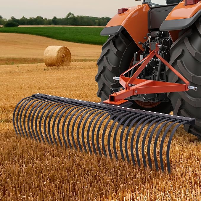 Specraft 3 Point Tow Behind Rake, 60" Adjustable Angle with 32 Steel Tines, Lawn Dethatcher Landscape Rake with Attachments for Field, Yard Cleanup