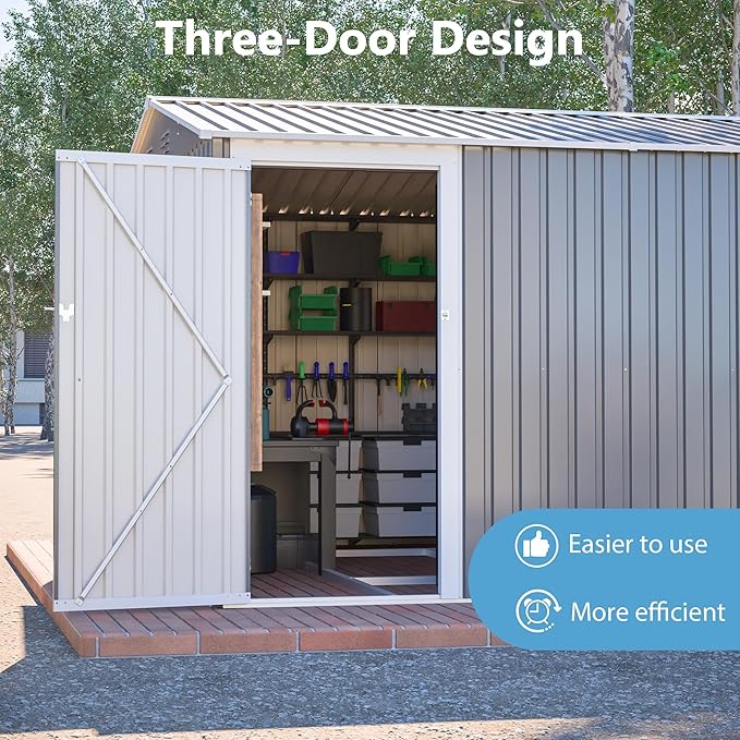 14x10 FT Outdoor Storage Shed,Metal Shed W/ 3 Lockable Doors，Floor Frame & Side Door,Garden Tool House W/ 4 Air Vents & Sloped Roof,for Backyard Patio Lawn,Light Gray
