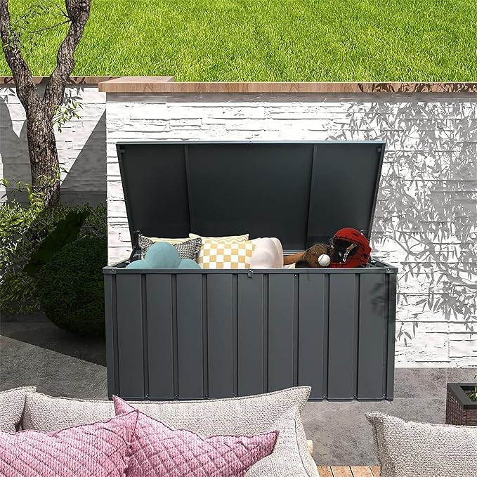 CHUNLY 100 Gallon Metal Waterproof Storage Deck Box with Lockable Lids Indoor Outdoor Storage Bench Patio Storage Bin for Outside Cushions, Throw Pillows, Garden Tools (Dark Gray)