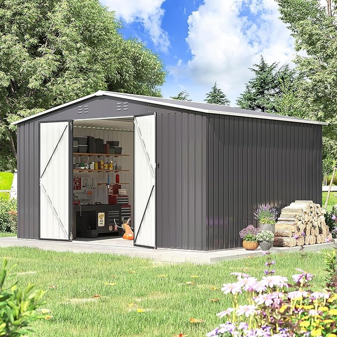 Polar Aurora Outdoor Storage Shed, Metal Garden Shed with Updated Frame Structure, Tool Sheds for Backyard Garden Patio Lawn (Black, 12x10 FT)