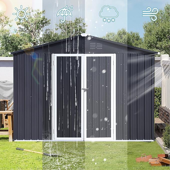 Sheds & Outdoor Storage 12 ft × 10 ft Storage Shed Large Classic Apex Roof Metal Garden Storage Sheds with Hinged Door Tool Cabinet for Backyard, Patio, Poolside, Dark Gray
