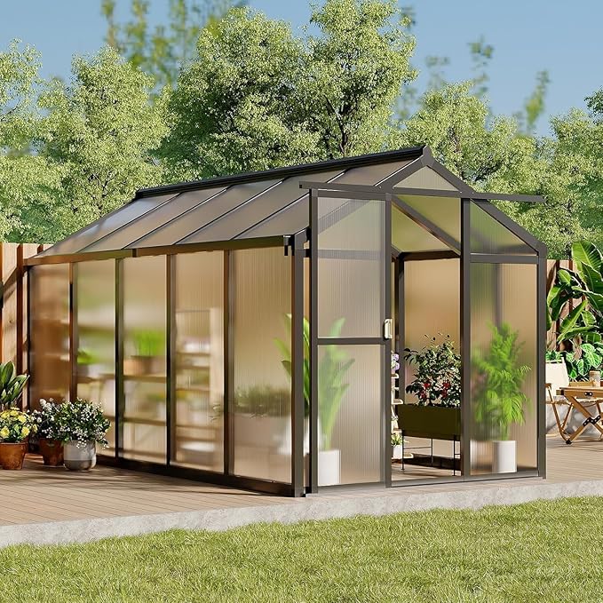 Greenhouse, 6x10 Ft Outdoor Greenhouses with Roof Vents and Sliding Doors, Aluminum Frame Polycarbonate Accessible Greenhouses, Suitable for Outdoor Gardens and Backyards, Black