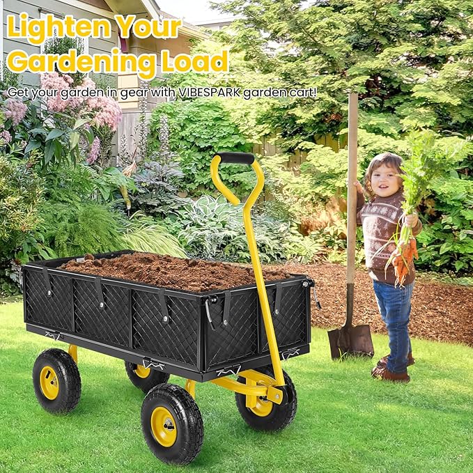 TEANDE Garden Cart, Heavy Duty 880 Lbs Capacity Mesh Steel Garden Cart with Removable Sides to Convert into Flatbed, Utility Metal Wagon with 180° Rotating Handle and 10 in Tires