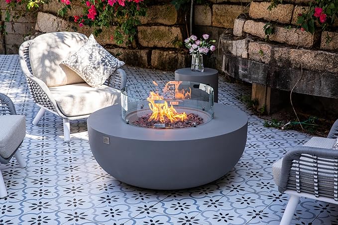 AMS Creations | Eclipse 44" Bundle Round Cast Concrete Natural Gas Fire Pit Bowl Table | Light Gray | Smooth Texture Surface | Electronic Ignition | Outdoor Patio Heater Outside Backyard Fireplace