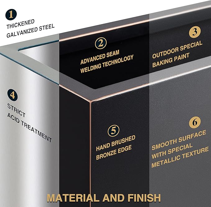 Metallic Heavy Outdoor Planter Box, Span Planter, Pure Black with Hand Brushed Gold Rim, Long and Tall Divider Planter, No Assembly and Seamless, 38”Lx10”Wx30”H 48.8 Pounds