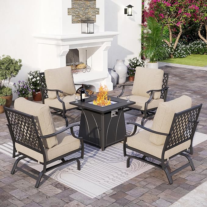 Patio Furniture Set with Firepit Table, 5 Piece Metal Outdoor Patio Furniture Set for 4, 4 Rocking Chairs with 5.75" Extra Thick Cushion and Gas Firepit Table for Backyard Deck Garden