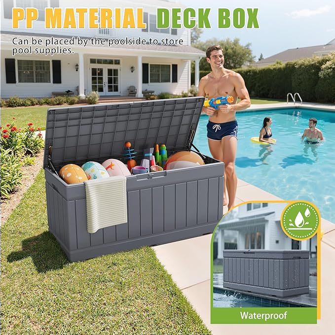 Greesum 82 Gallon Resin Deck Box Large Outdoor Storage for Patio Furniture, Garden Tools, Pool Supplies, Weatherproof and UV Resistant, Lockable, Grey