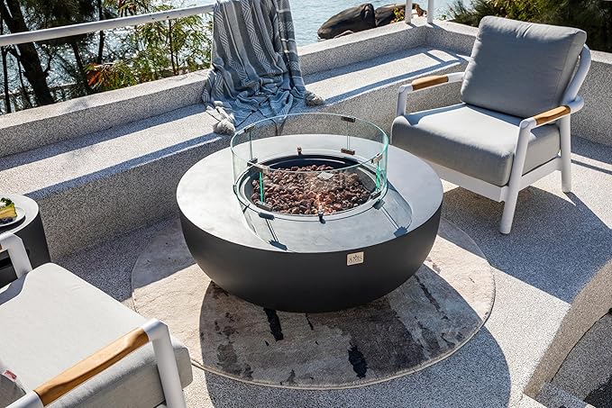 AMS Creations | Eclipse 44" Bundle Round Cast Concrete Natural Gas Fire Pit Bowl Table | Dark Gray | Smooth Texture Surface | Electronic Ignition | Outdoor Patio Heater Outside Backyard Fireplace