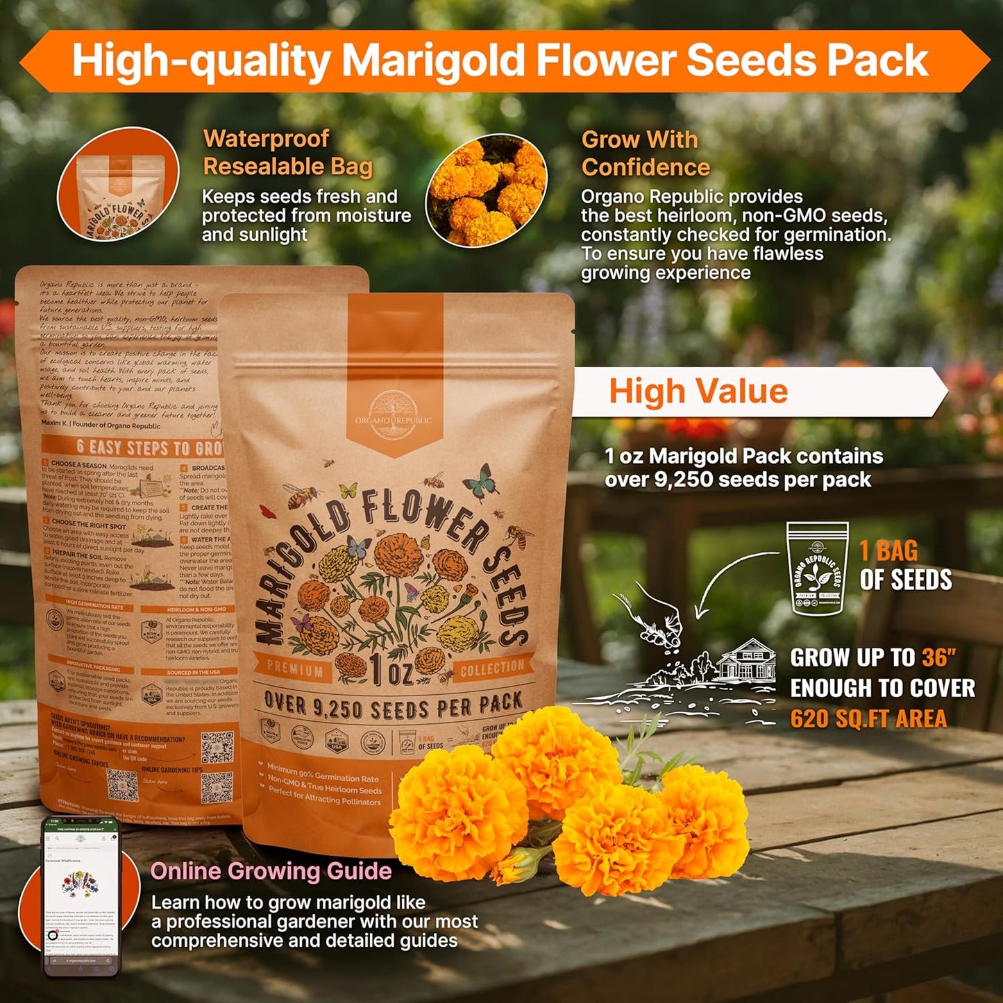 Marigold Seeds Pack 1 oz - Over 9,250 Non-GMO Heirloom Marigold Seeds for Planting Indoor & Outdoor Gardening, Flower Seed for Planting Home and Garden, Flowers Seed in Individual Packet