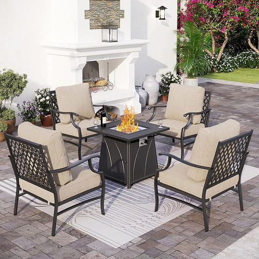 Patio Furniture Set with Firepit Table, 5 Piece Metal Outdoor Patio Furniture set for 4, 4 Single Chairs with 5.75" Extra Thick Cushion and Gas Firepit Table for Backyard Poolside Deck
