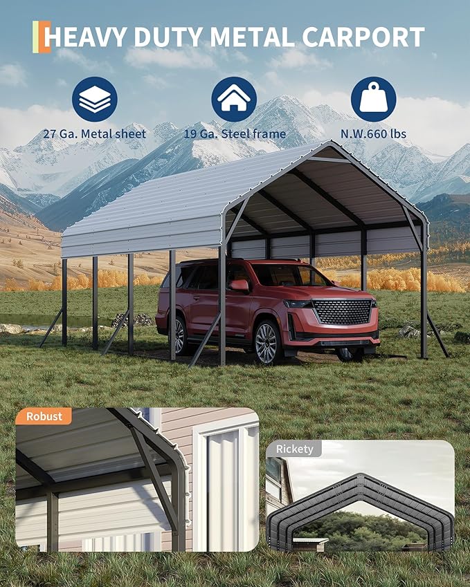 13'x21'x11' Oversized Metal Carport, Steel Heavy Duty Carport for All-Weather, Permanent Shelter for Bass Boats, Pickup Trucks, and Tractors, N.W. 660 Lbs