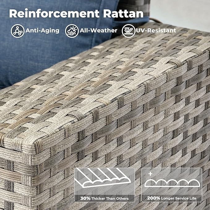 ovios 13 Pieces Patio Furniture Set, Outdoor Wicker Sectional Sofa with 42 Inch Fire Pit Table Comfy Cushions, Modern Modular Deep Seat Rattan Couch Conversation Set, Denim Blue