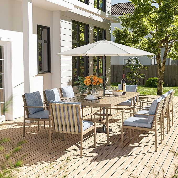 HAPPATIO 9-Piece Patio Table and Chairs Set for 8, Aluminum Outdoor Dining Set with Cushions, 8 Dining Chairs, 1 Large Rectangular Table with Umbrella Hole for Lawn, Porch, Backyard, Brown