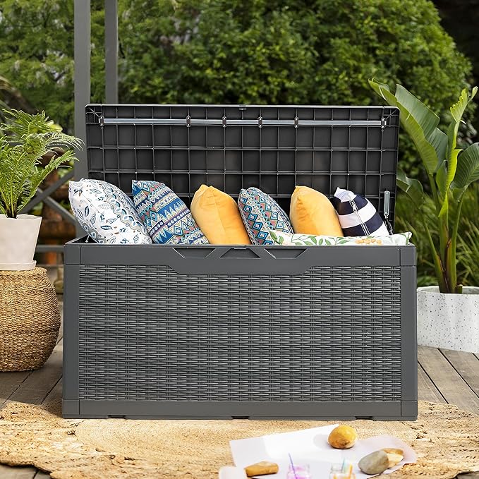 Flamaker Deck Box with Cushion 100 Gallon Waterproof Resin Storage Box with Air Rod Indoor Outdoor Lockable Storage Bench for Patio Furniture, Tools, Pool Accessories (Gray)