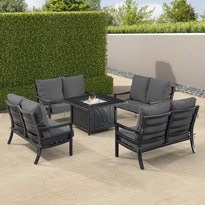 Oakland Living Black Aluminum Patio Fire Table Set with Four Deep Seating Loveseat with Cushions with Black Cushions