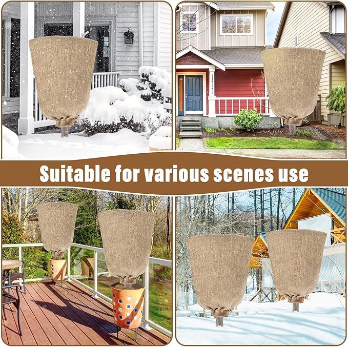 Riare 4 Packs 40 × 47 Inch Burlap Winter Plant Cover Bags with Drawstring- Reusable Large Burlap Sack Plant Frost Protector, Plant Frost Cloth Cold Tree Freeze Blanket for Outdoor Plants Fruit Shrubs