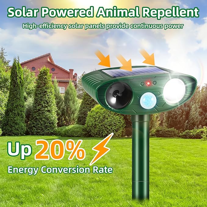 2 Pack Solar Animal Repellent Ultrasonic Outdoor Squirrel Fortress Pro, Deer Repellent Devices with Motion Sensor & Strobe Light,Waterproof Cat Dog Raccoon Rabbit Deterrent for Garden Yard