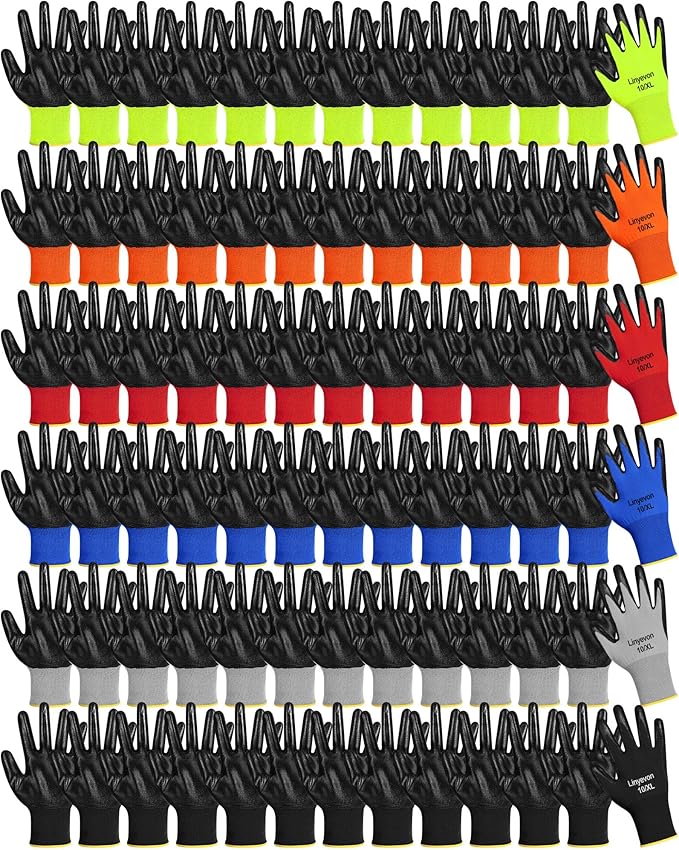 Maxcheck 54 Pairs PU Coated Gloves Bulk, Reusable Rubber Safety Gloves for Men Women Work Warehouse, Mechanic, Woodworking
