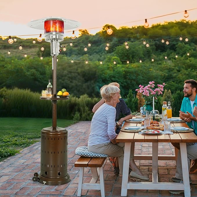 Nuu Garden Outdoor Propane Gas Patio Heater with Wheels, Patio Heater with Liftable Drink Stand for Patio, 304 Stainless Steel Burner, Backyard, Garden, Porch, Brown