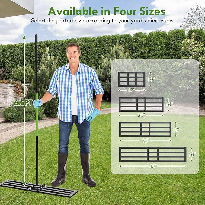 Seeutek Lawn Leveling Rake, 45” x 10” Lawn Leveler with 6.5FT Stainless Steel Handle Rakes for Lawns, 0-180° Adjustable Ground Leveler Tool for Yard, Level Soil Sand Dirt Surfaces