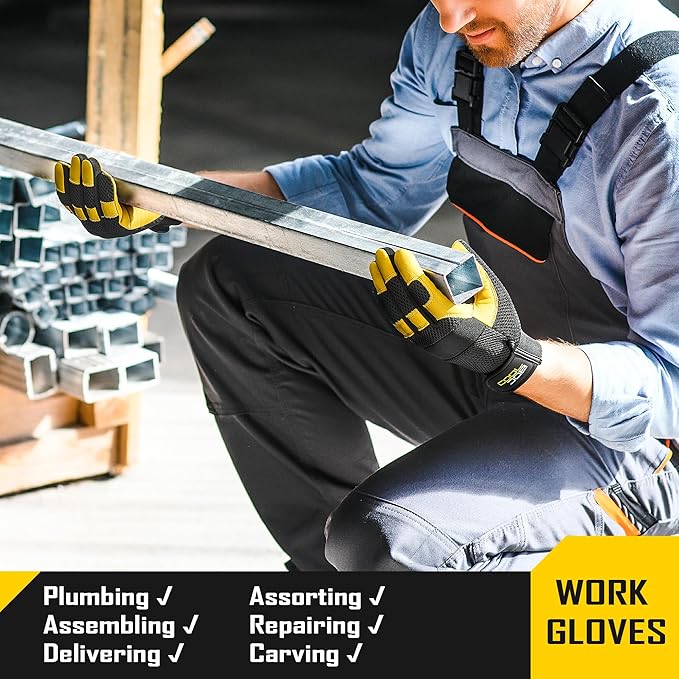 COOLJOB Breathable Mesh Cowhide Leather Work Gloves with Grip, Thorn Resistant Gloves for Gardening Pruning, 1 Pair, S-XL