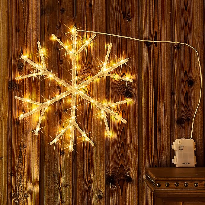 Fudios Snowflake Lights Warm White Battery Operated with Timer 70 LED 14in for Christmas Wall Window Decoration 2sets