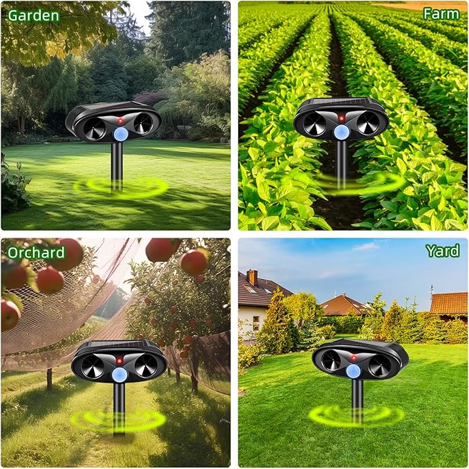 2025 Upgraded Solar Ultrasonic Animal Repellent Outdoor, 4 Pack Deer Repellent Devices USB Charge Animal Deterrent for Cat,Squirrel,Dog,Raccoon,Skunk,Rabbit Repellent for Yard Garden Lawn,Black