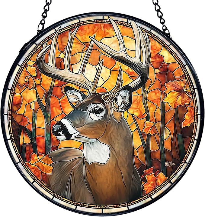 TNUW Fall Deer Stained Glass Window Hanging, Rustic Autumn Forest Wildlife Deer Sun Catchers Indoor Window Glass Round Wall Art Decor, Fall Wall Hanging Decorations, 7.9＂x7.9＂
