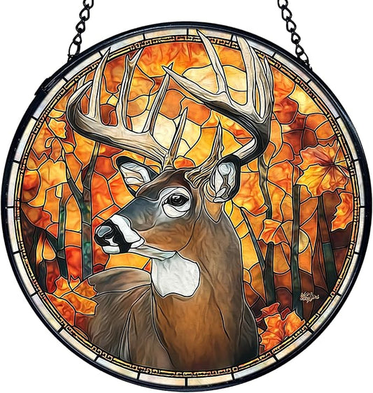 TNUW Fall Deer Stained Glass Window Hanging, Rustic Autumn Forest Wildlife Deer Sun Catchers Indoor Window Glass Round Wall Art Decor, Fall Wall Hanging Decorations, 7.9＂x7.9＂