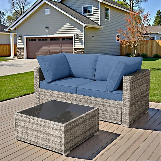 HOOOWOOO Patio Sectional Furniture Set,3 Piece Couch Set with 2 Matching Corner Chairs and 1 Table(Denime Blue)