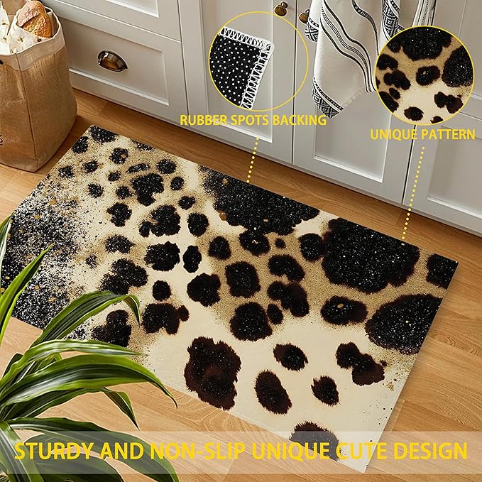 Front Door Mat,Brown Leopard Doormat Outside Entrance,Non-Slip Gold Glitter Entryway Rug for Porch Patio, Felt Low Profile Welcome Mat Indoor for Hallways, 30 x 17 Inch