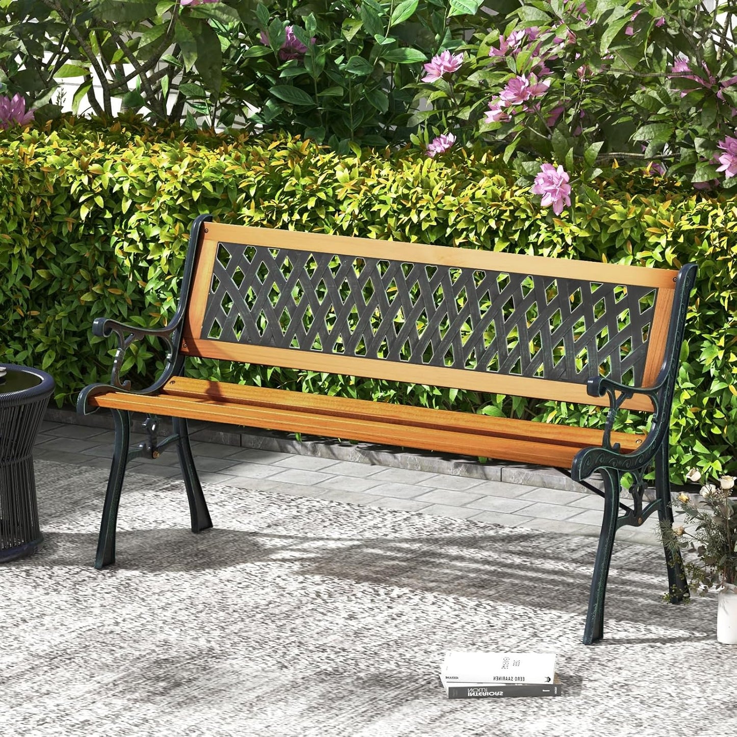 Tangkula Outdoor Garden Bench Park Bench, Patio Bench Chair with Cast Iron & Hardwood Structure, Weather Proof Porch Outdoor Furniture Loveseat, Perfect for Backyard, Deck, Lawn, Poolside
