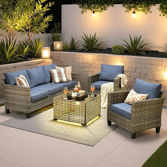 ovios 4 Pieces Patio Furniture Set Outdoor Sofa Couch with Solar Lights Table Comfy Cushions, Modern Deep Seat Wicker Rattan Conversation Set for Porch Deck, Denim Blue