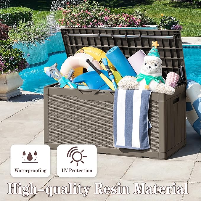 Greesum 100 Gallon Resin Deck Box Large Outdoor Storage Boxes with Cushions for Garden Tools, Patio Furniture Pillows, Pool Supplies, Light Coffee
