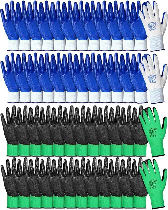 Nuogo 48 Pairs Gardening Gloves for Men Women Rubber Coated Safety Work Gloves Bulk for Gardening Construction Work