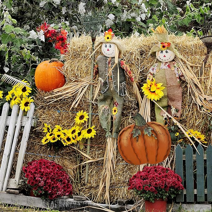 Morning View Pumpkin Garden Stakes Metal Yard Sign Fall Decor Outdoor Autumn Yard Stake Art Pumpkin Lawn Ornaments for Patio Porch Thanksgiving Halloween Harvest 17.5 Inches Tall Set of 3