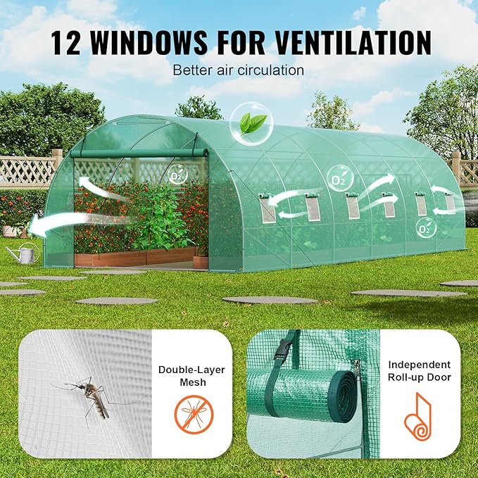 VEVOR Walk-in Tunnel Greenhouse, 29.2x9.7x6.5 ft Hoop House Greenhouse Tunnel, Plant Hot House with Galvanized Steel Frame, Green PE Cover, Roll-up Zipper Door and 12 Windows for Outdoor