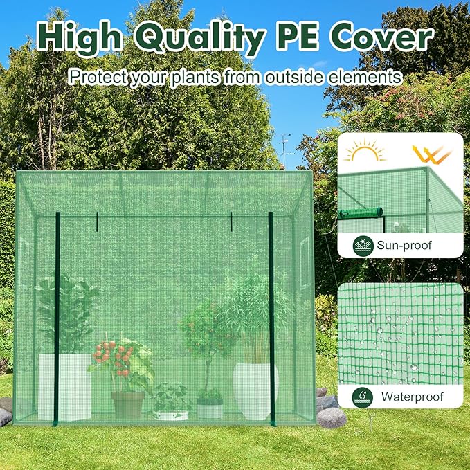 Happygrill Mini Greenhouse, Walk-in Greenhouse w/PE Cover, 4 Wind Ropes & Ground Stakes, Roll-up Zipper Door, Double-Layer Screen Windows, Portable Small Greenhouses for Outdoors, 6.6 x 2.5 x 5.6 FT