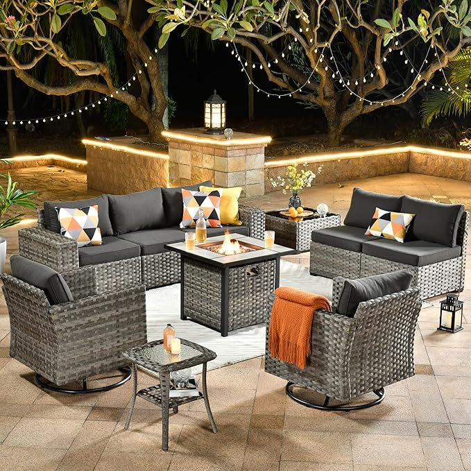 HOOOWOOO 10 Piece Modular Patio Outdoor Sectional Furniture Set with Gas Propane Fire Pit Table,Wicker Conversation Sofa Set with Swivel Chairs,Outside Couch Set(Black)