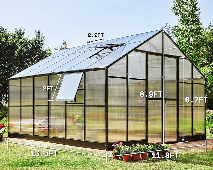 AMERLIFE 12x13.5x9 FT Polycarbonate Greenhouse with Quick Connector Fast Assembly, Large Greenhouses for Outdoors, Swing 2 Doors 4 Vents , Black