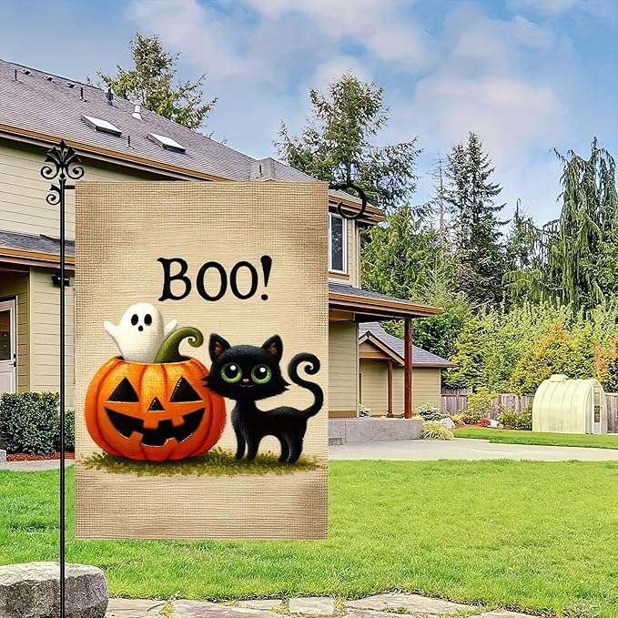 Halloween Garden Flag Ghost Black Cat Gander Flag 12x18 Inch Double Sided Halloween Yard Flag Holiday Yard Outdoor Decoration
