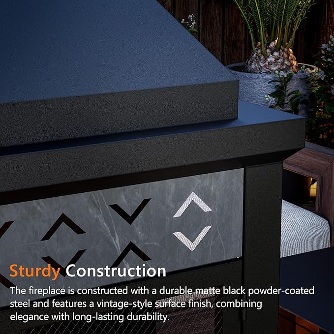 Outdoor Propane Fireplace w Tank Table, 50,000 BTU Gas Fire Pit with Ceramic Logs, Rain Cover, 35 Inch Steel Metal Smokeless Fireplace for Patio, Deck, CSA Certified (35 x 47 Inch)