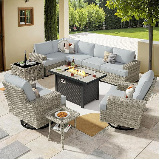 HOOOWOOO Outdoor Sectional Patio Furniture Set with Fire Pit Table,10 Pieces Wicker Conversation Sets L Shaped Couch,Extra Deep Out Door Sofa Outside Furniture with Swivel Chairs,Light Gray