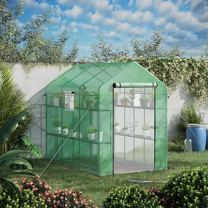 Outsunny 7' x 5' x 6' Walk-in Greenhouse for Outdoors with Mesh Door and Windows, 18 Shelf Hot House with Trellis, Plant Labels, UV Protective for Growing Flowers, Herbs, Vegetables, Saplings, Green